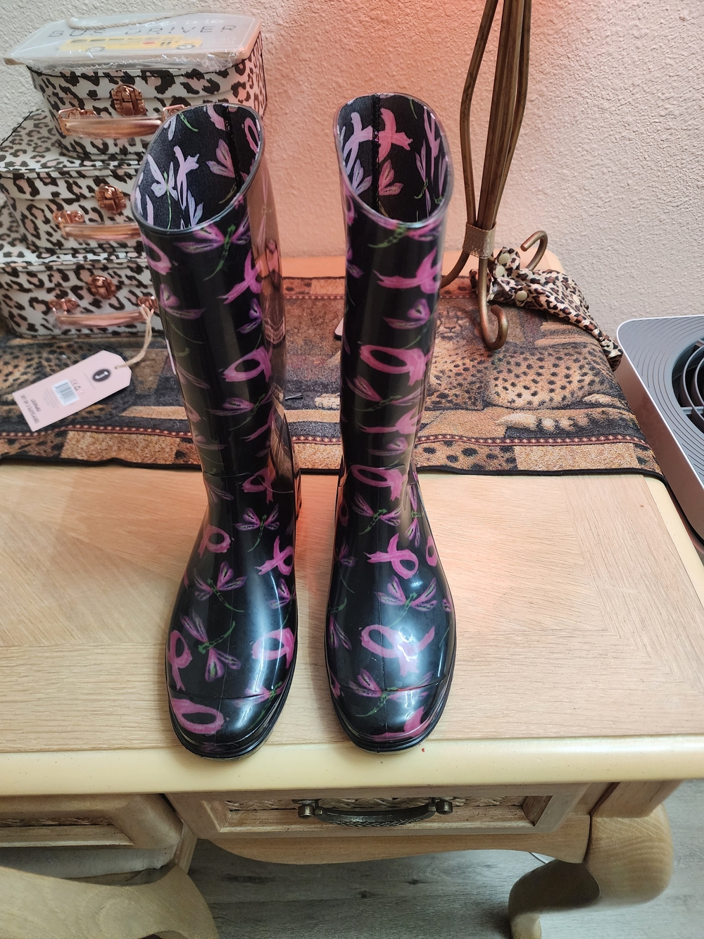 Women's Black Rain Boots with Pink Breast Cancer  Ribbons
